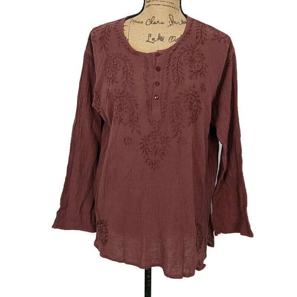 Gypsy Made From the Earth Womens sz M Top Red Embroidered Boho‎ Long Slv Buttons
